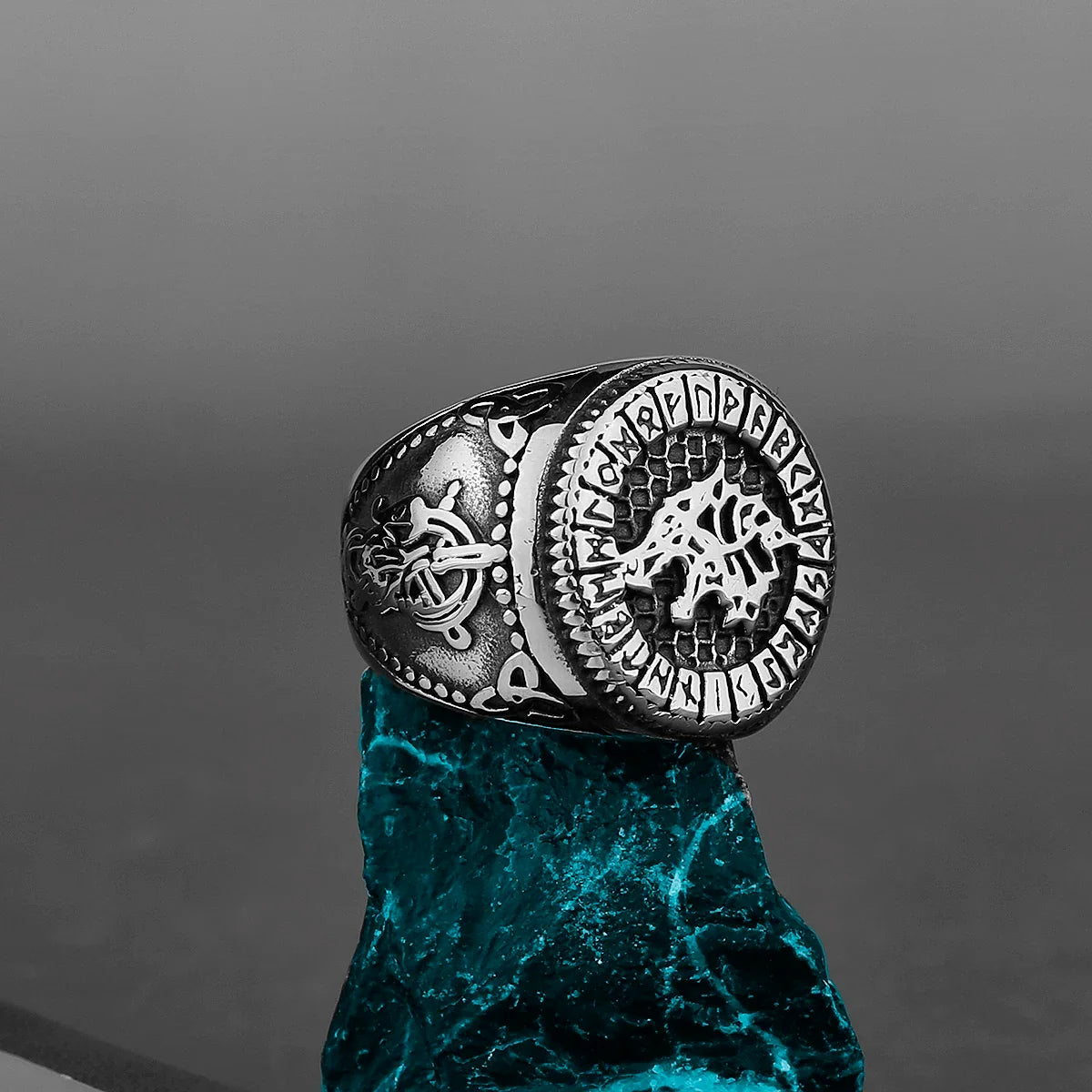 Nordic Viking Stainless Steel Ring - Compass Tree of Life Rune Wolf Amulet Jewelry for Men & Women