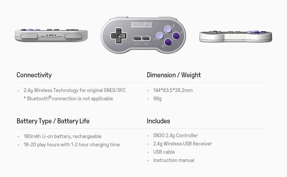 8BitDo SN30 2.4G Wireless Gamepad – Compatible with Original SNES/SFC