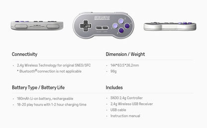 8BitDo SN30 2.4G Wireless Gamepad – Compatible with Original SNES/SFC