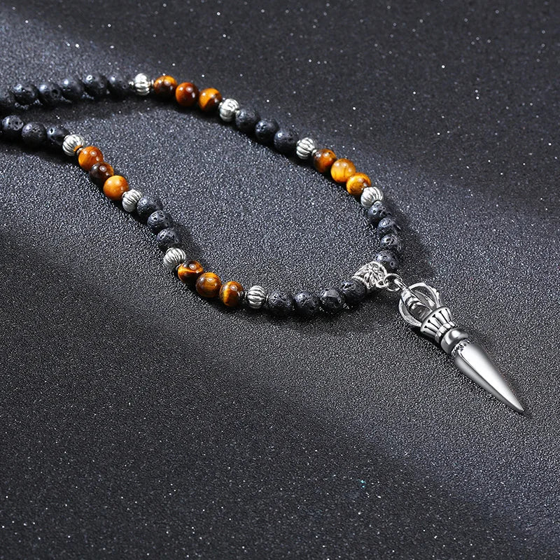 Men's Tibetan Phurba Kilaya Necklace – Tiger’s Eye & Lava Stone Spiritual Dagger Jewelry