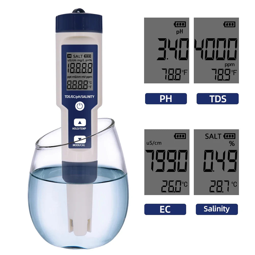 5 in 1 PH Meter Water Quality Tester - Digital TDS, EC, PH, Salinity & Temperature Meter for Pools & Aquariums with Backlight