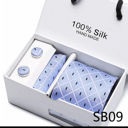 100% Silk Tie Gift Set - Classic Striped Wedding Necktie with Handkerchief for Men