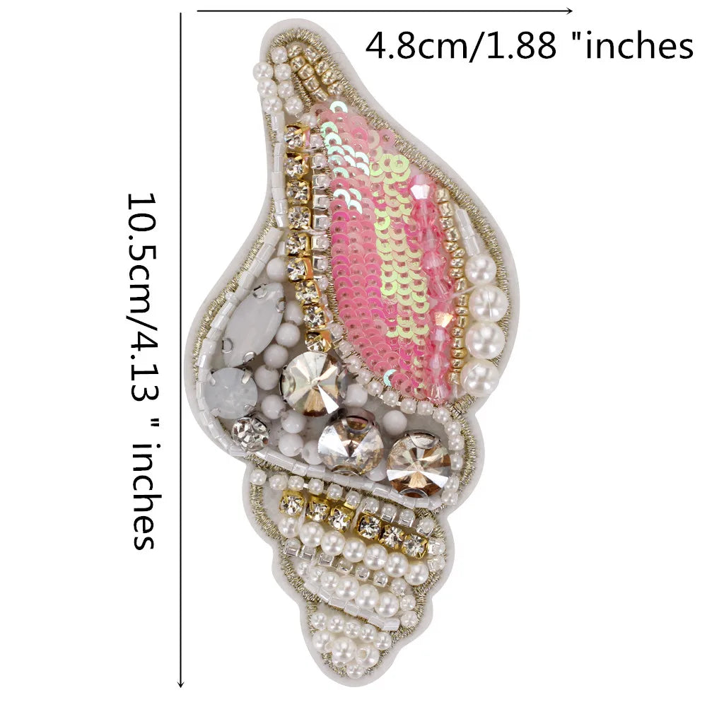 Marine Series Rhinestone Patches - Handmade Shell Starfish Seahorse Leaf Beaded Sewing Appliques for DIY Clothing