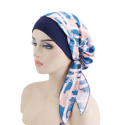 Women’s Pre-Tied Turban Cap – Muslim Hijab & Chemo Hair Loss Head Scarf with Flower Print Stretch Bandana