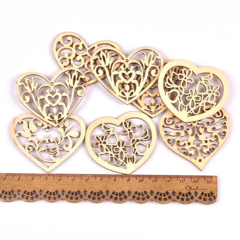 12PCS Mixed Lace Heart Wood Pendants – DIY Scrapbook, Home Hanging Ornaments & Wedding Decor Embellishments 38x50mm