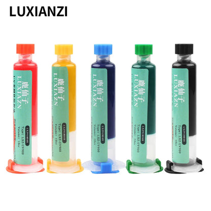 LUXIANZI 10ml UV Curing Solder Mask Ink – 5 Colors Green PCB BGA Circuit Board Insulating Protection Soldering Flux Paste