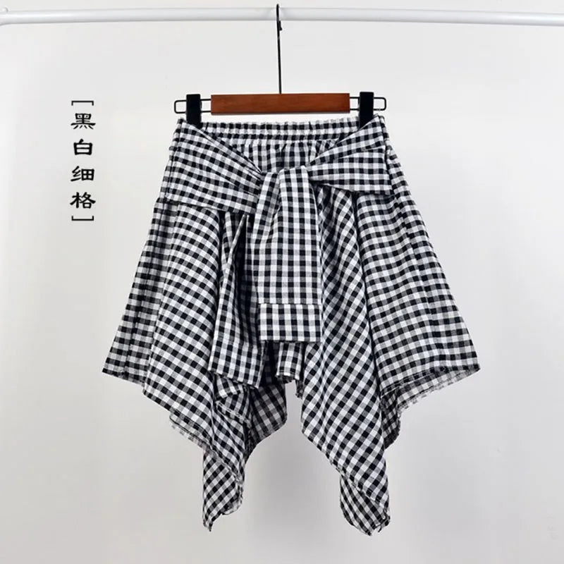 TOTRUST Women’s Fashion Asymmetrical Summer Plaid Mini Skirt – Casual College Style Fake Shirt Design