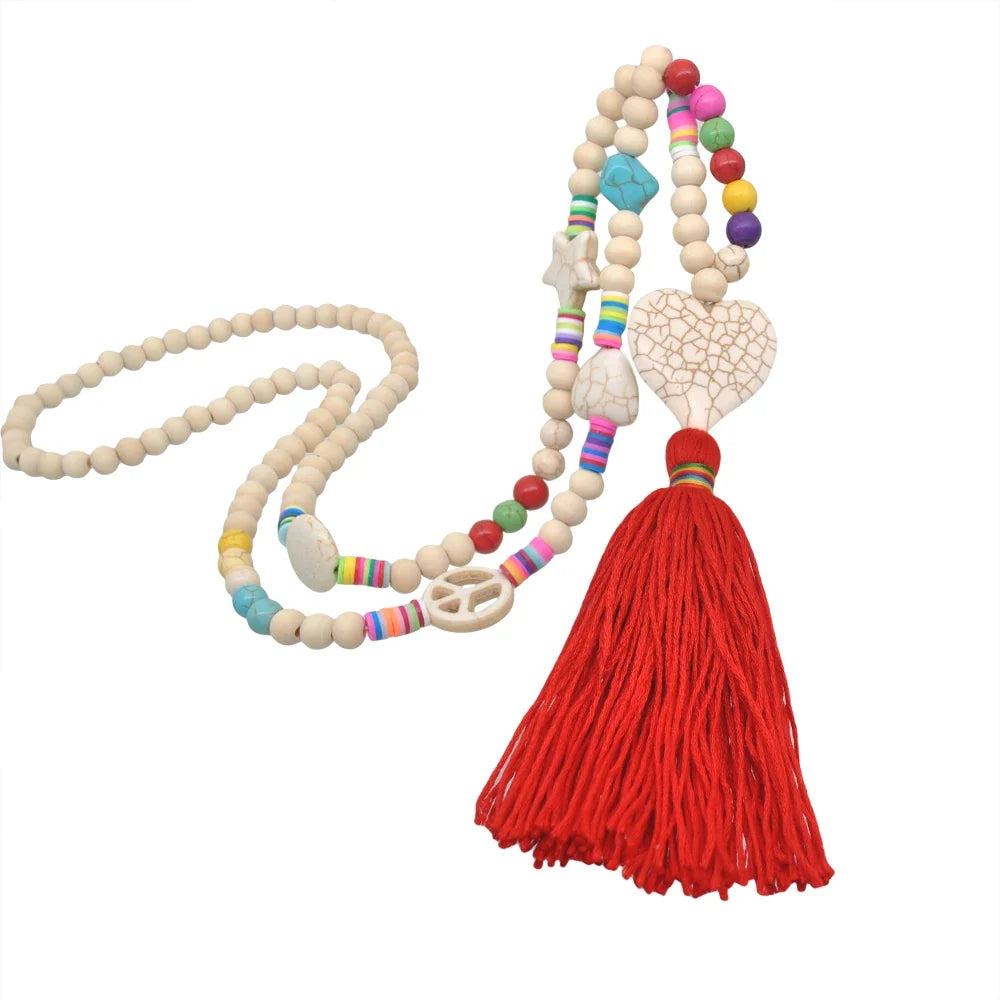 Wooden Bead Tassel Long Necklace - Bohemian Summer Beach Sweater Chain for Women | Mother's Day Gift