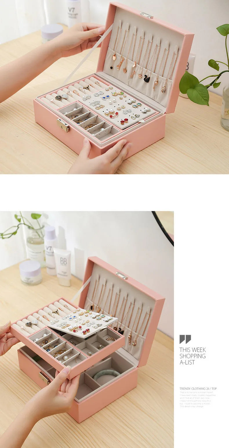 Double-Layer Wooden Jewelry Box – PU Leather Ring & Accessory Organizer with Storage and Makeup Case