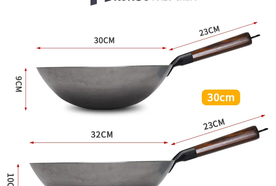 Hand Forged Household Iron Wok, Pure Iron Pan with Wooden Handle, Non-Coating, Non-Stick, for Gas Cooker