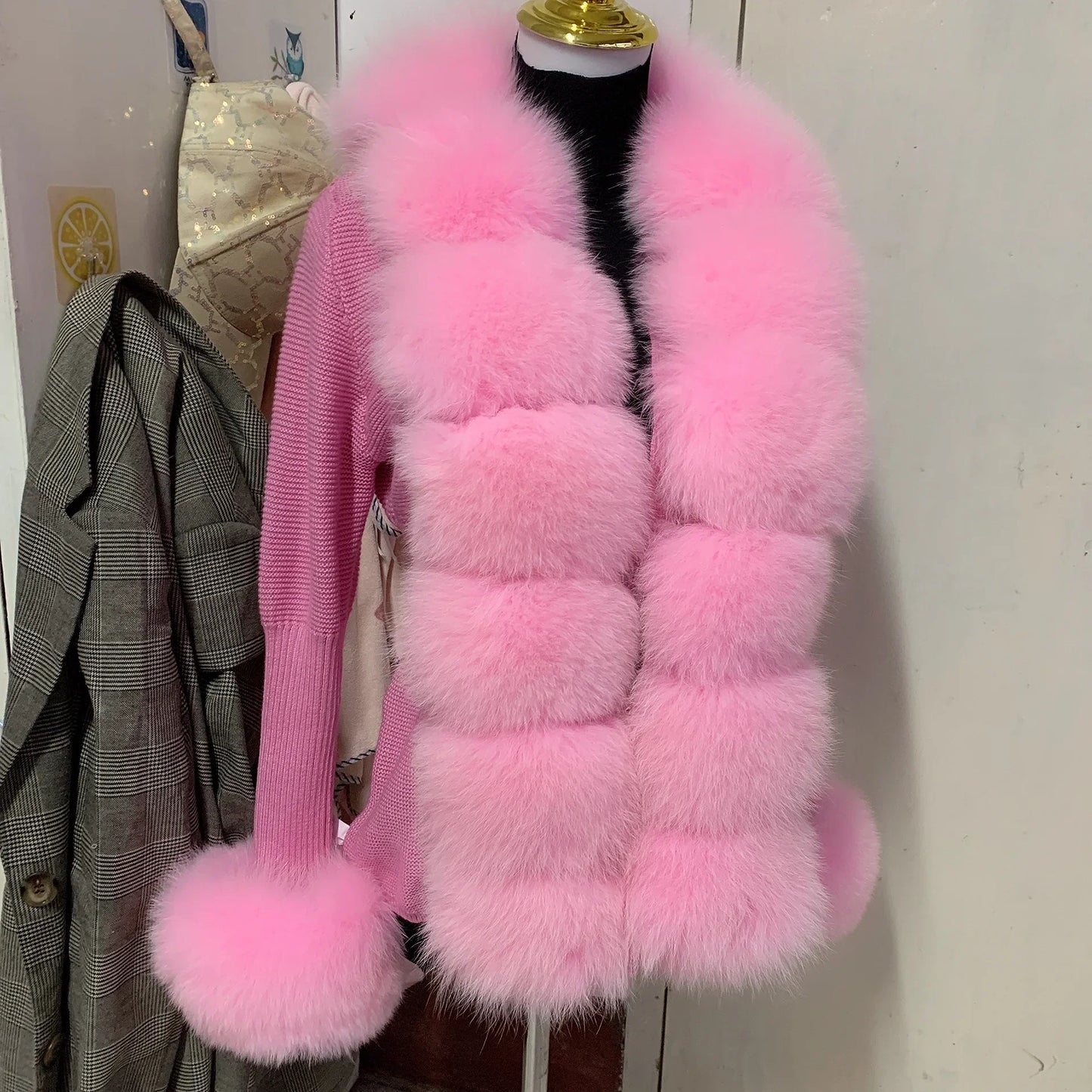 Women’s Spring & Autumn Sweater Cardigan – Real Fox Fur Collar Jacket, Natural Fur Outerwear