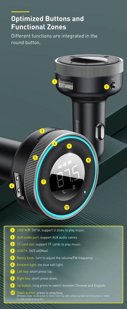 Baseus Bluetooth 5.0 FM Transmitter – Wireless Car Kit with USB Fast Charger, AUX, MP3 Player & Hands-Free Calling