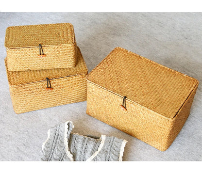 Handmade Seagrass Woven Storage Box with Lid - Seaweed Finishing Basket for Sundries, Bath Cosmetics, and Towels, Model MX01161829