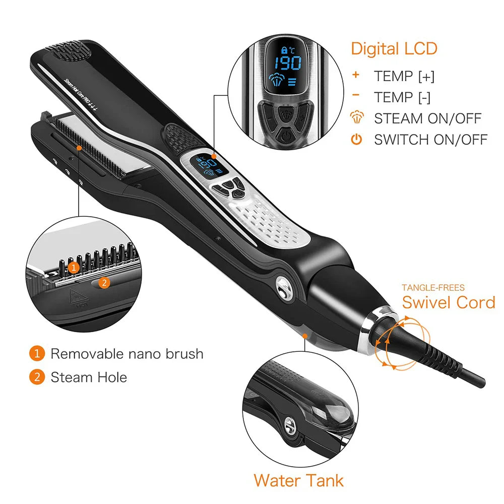 Professional Hair Straightener – Dual Voltage Titanium Curling Iron, Steam Flat Iron & Hot Hair Comb with Wide Plates