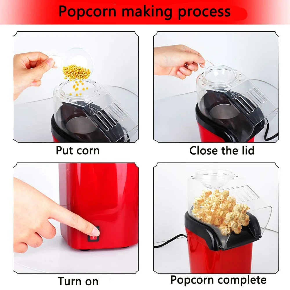 Healthy Hot Air Popcorn Maker: 1200W Mini Household Popcorn Machine - Oil-Free Corn Popper for Home Kitchen Baking