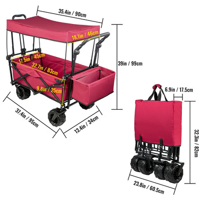 VEVOR Folding Wagon Cart with Adjustable Handle & Removable Canopy – Collapsible Oxford Cloth Utility Cart for Camping, Beach & Outdoor Use