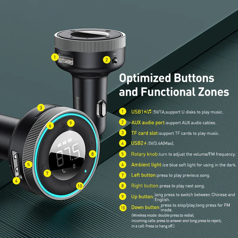 Baseus Bluetooth 5.0 FM Transmitter – Wireless Car Kit with USB Fast Charger, AUX, MP3 Player & Hands-Free Calling