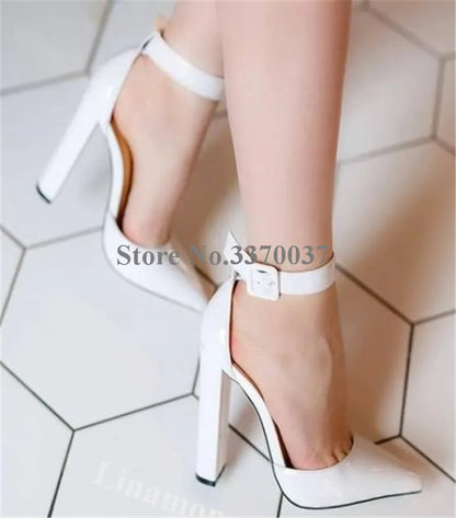 Linamong Women’s Pointed Toe Patent Leather Pumps – Elegant Chunky Heel Ankle Strap High Heels in White & Black, Club Shoes