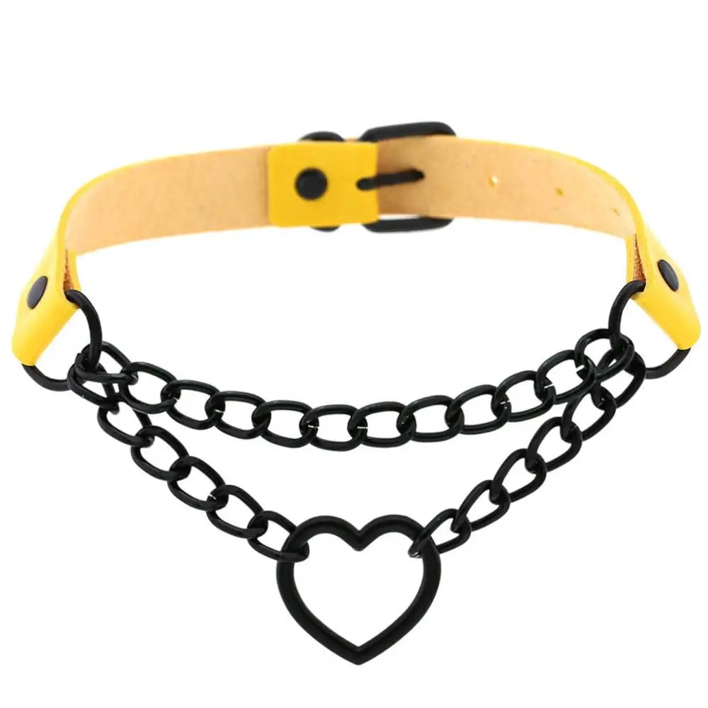 Vintage Heart Necklace Choker – Goth Collar with Chain, Grunge Punk, Cute Kawaii Egirl Harajuku Accessories for Girls