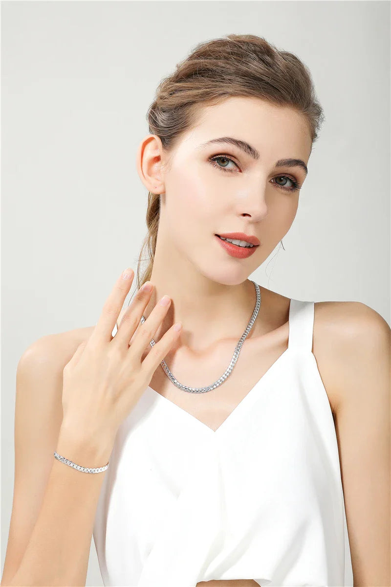 DOTEFFIL 925 Sterling Silver Side Chain Necklace & Bracelet – 6mm, 8-24 Inch, Fashion Charm Wedding Jewelry for Women & Men