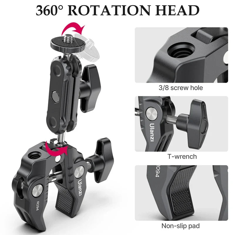 Ulanzi R094 Metal Super Clamp with 360° Ball Head Magic Arm, 1/4" & 3/8" Holes for DSLR Camera, Monitor, Light, Mic, and Rod Mount