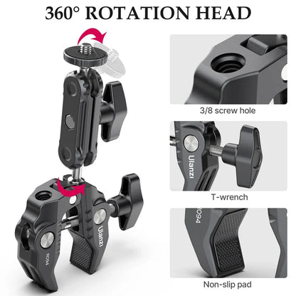 Ulanzi R094 Metal Super Clamp with 360° Ball Head Magic Arm, 1/4" & 3/8" Holes for DSLR Camera, Monitor, Light, Mic, and Rod Mount