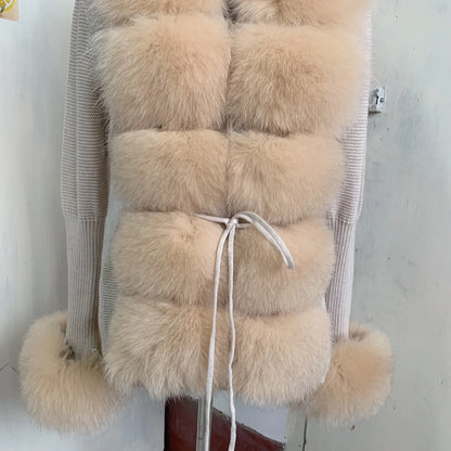 Women’s Spring & Autumn Sweater Cardigan – Real Fox Fur Collar Jacket, Natural Fur Outerwear