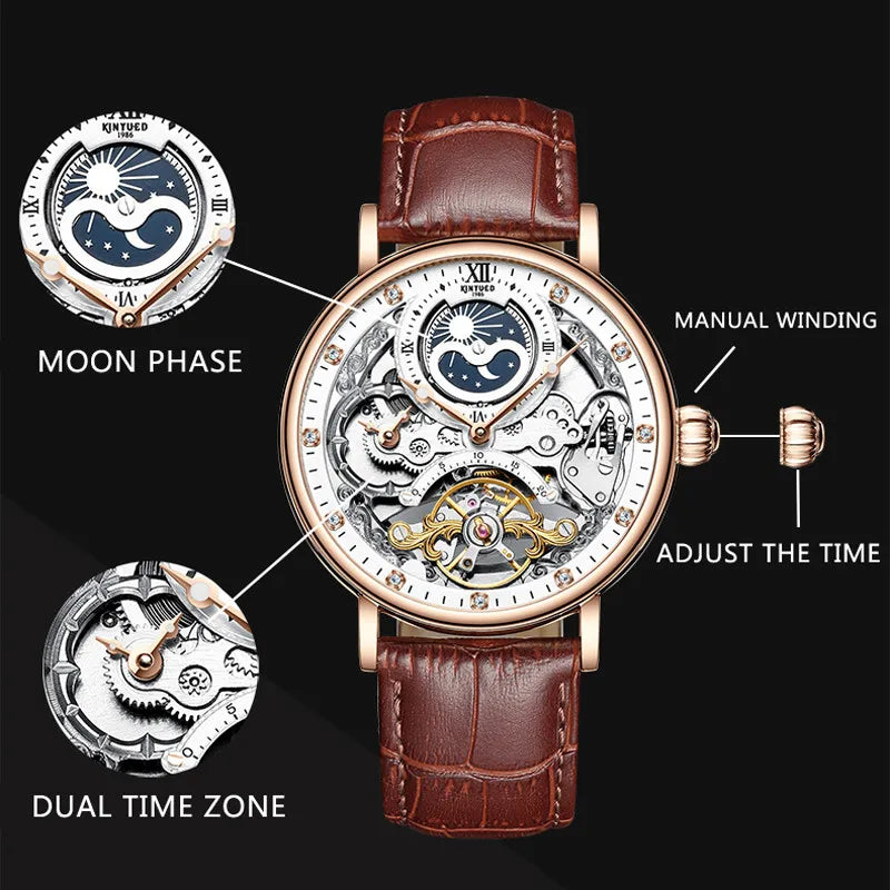 KINYUED Men’s Luxury Rose Gold Skeleton Tourbillon Automatic Watch – Waterproof Mechanical Wristwatch