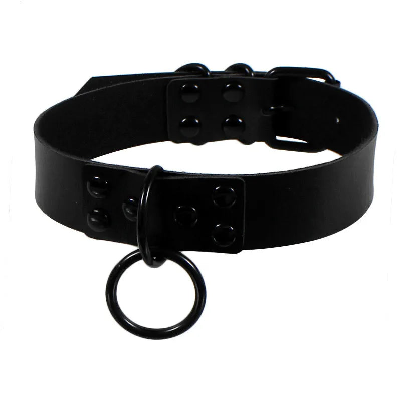 Black Round Punk Gothic Choker Necklace – Handmade Leather Collar for Party & Fashion