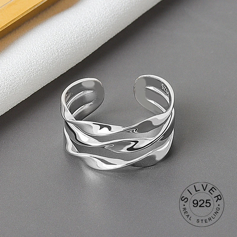 925 Sterling Silver Women’s Open Wave Ring – Irregular Wide Noodle Design Gift