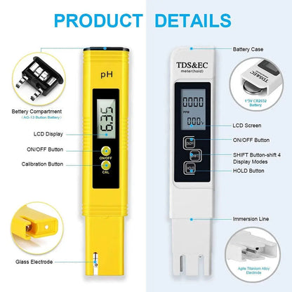 TDS Meter Digital Water Tester - High Accuracy 0-14 PH, 0-9990ppm TDS & EC Meter with LCD for Aquariums & Filters