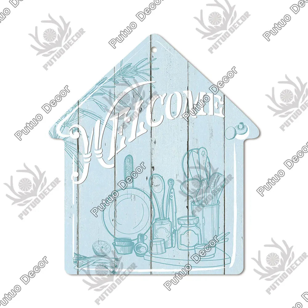 Putuo Decor Welcome House Shaped Wooden Sign – Rustic Hanging Plate for Home, Living Room Wall Decor