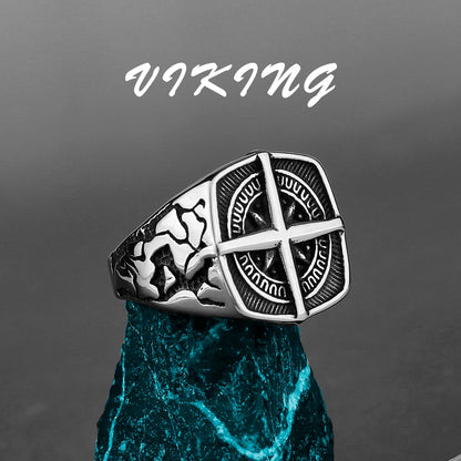 Nordic Viking Stainless Steel Ring - Compass Tree of Life Rune Wolf Amulet Jewelry for Men & Women