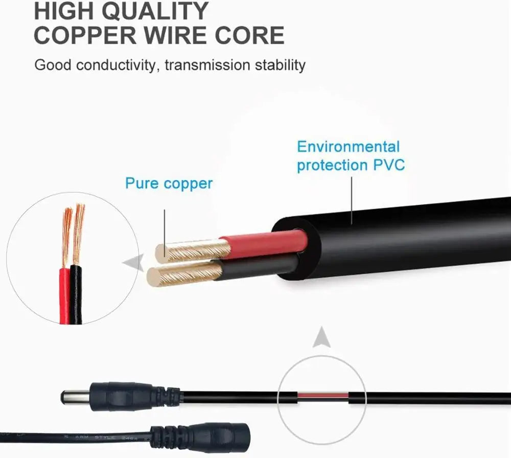 DC 12V Power Adapter Extension Cable – 5.5*2.1mm Male to Female Cord for CCTV Camera & Router, 1M to 10M Lengths