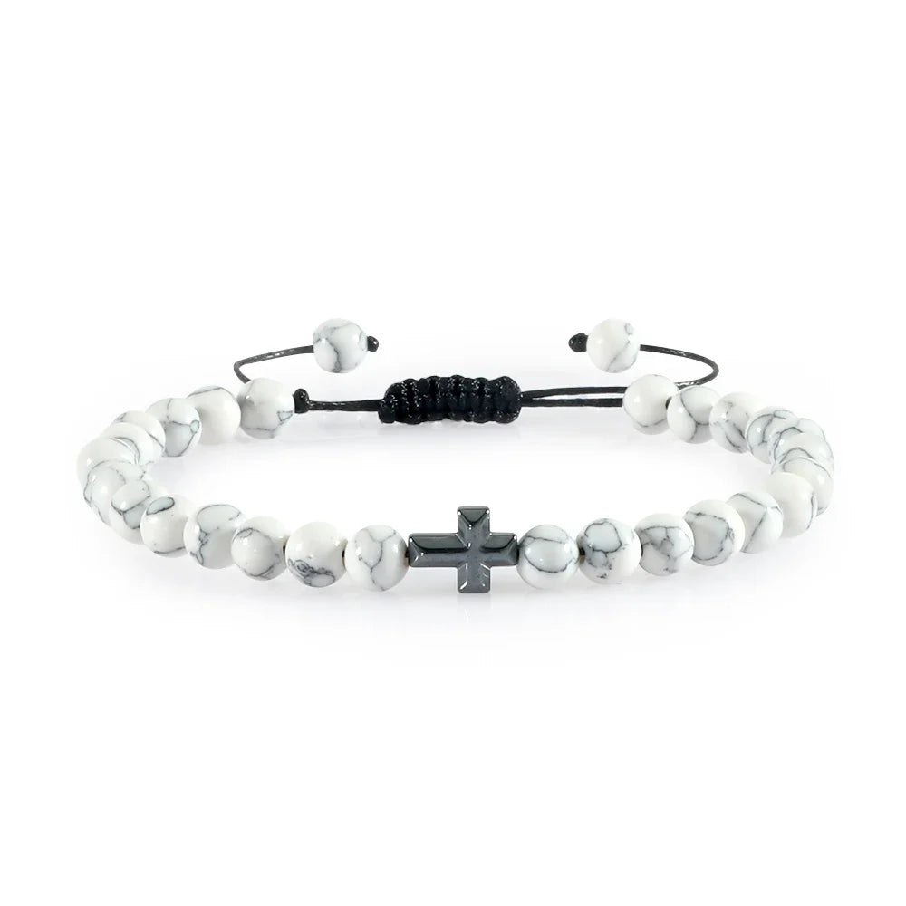 Natural Stone Bead Cross Bracelet - 6mm Braided Christian Prayer Jewelry with Jesus Charm for Men & Women