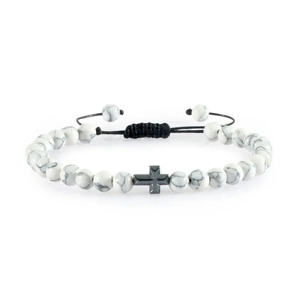 Natural Stone Bead Cross Bracelet - 6mm Braided Christian Prayer Jewelry with Jesus Charm for Men & Women