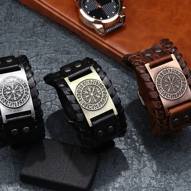 Totem Design Wide Leather Pirate Compass Bracelet - Men's Celtic Viking Jewelry, Party Gift Accessories