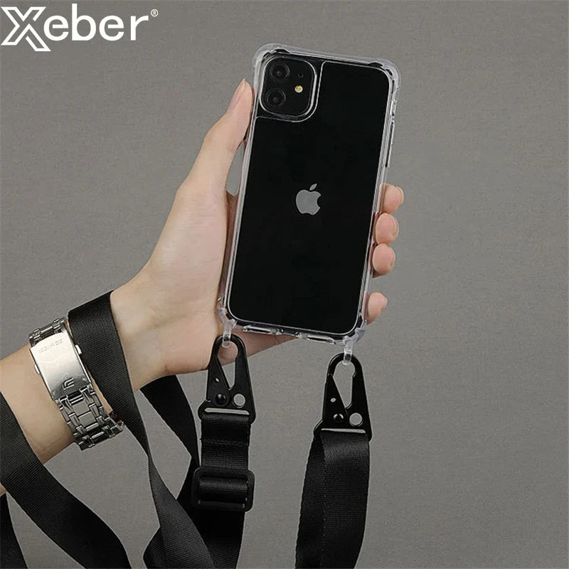 Crossbody Shoulder Strap Phone Case - Transparent Shockproof Cover for iPhone 17 Air, 16, 15, 14, 13 Pro Max & More