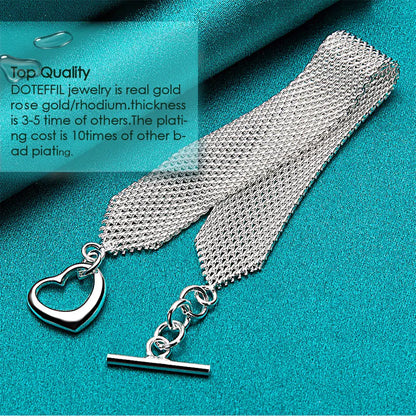 DOTEFFIL 925 Sterling Silver Heart Bracelet – Watchband Style Chain Jewelry for Men & Women