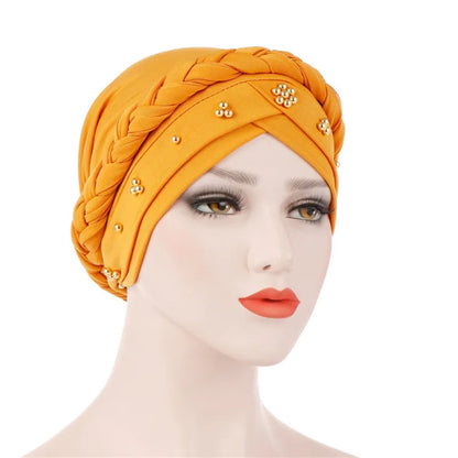 Women’s Cotton Head Scarf – Solid Turban Bonnet Hijab Cap with White Pearl Inner, Muslim Arab Wrap