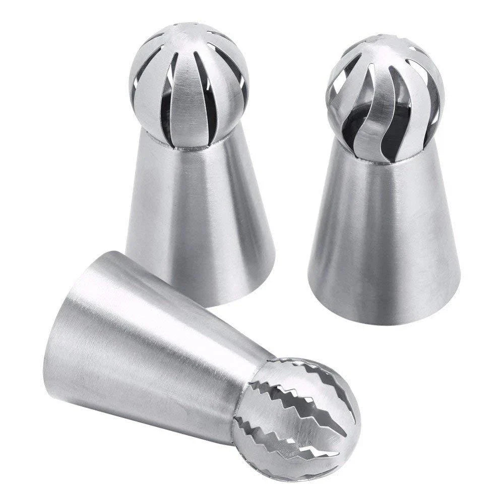 Russian Piping Nozzle - 3 Styles Sphere Ball Icing Tips for Confectioners, Pastry, Sugarcraft, Cupcake Decorating, and Kitchen Bakeware Tools