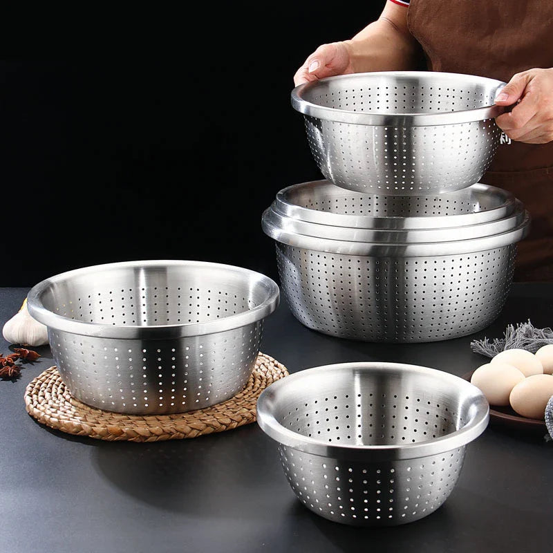 Stainless Steel Drain Basket Colander – Round Rice Cleaning Sieve & Fruit Vegetable Washing Strainer for Kitchen Use