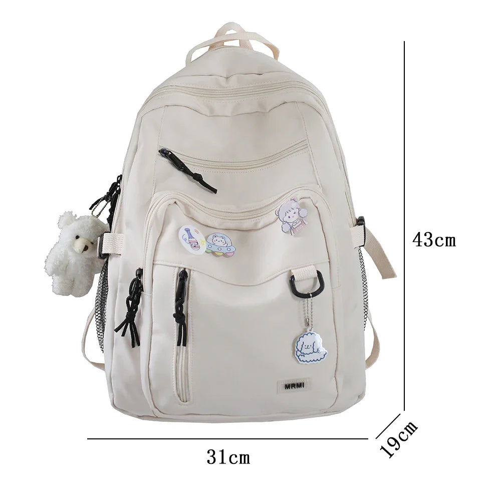 Fashion Big Student Backpack – High Capacity Rucksack for Girls, Women, and Leisure Travel – Cute Badge Design, Mochila