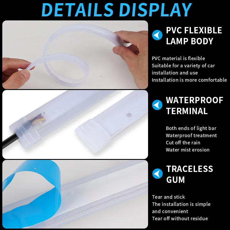 2pcs LED DRL Car Daytime Running Light - Flexible Waterproof Strip with White Daytime Running and Yellow Turn Signal/Brake Flow Lights - 12V Auto Headlights