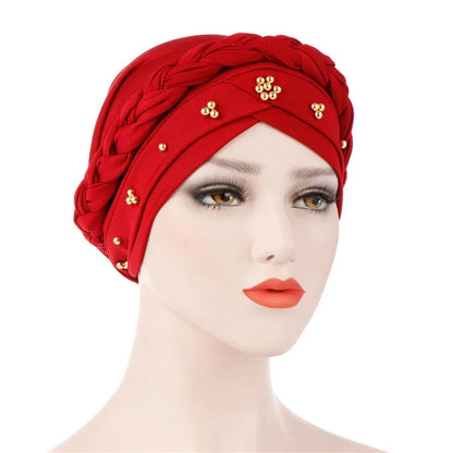 Women’s Cotton Head Scarf – Solid Turban Bonnet Hijab Cap with White Pearl Inner, Muslim Arab Wrap