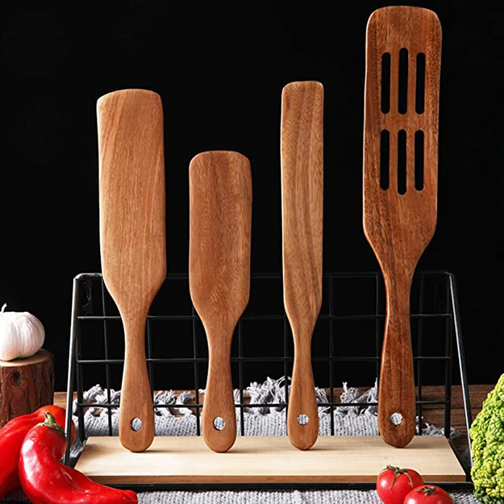 1-7pcs Teak Wood Tableware Set – Natural Wooden Spoons, Colander Spoon & Soup Skimmer Cooking Tool Kit