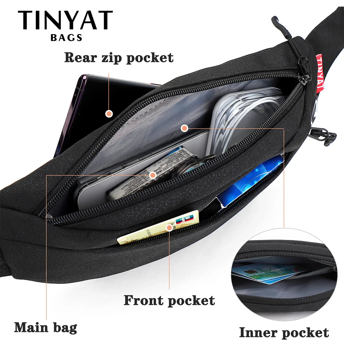 TINYAT Men Waist Bag: Casual Large Phone Belt Pouch - Canvas Travel Phone Bag for Women, Fanny Pack with 4 Pockets
