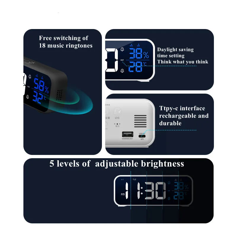 Music Alarm Clock with Temperature Humidity Display: Voice Control/Always On Table & Wall Clock - Dual Alarm, Rechargeable Digital LED Clocks