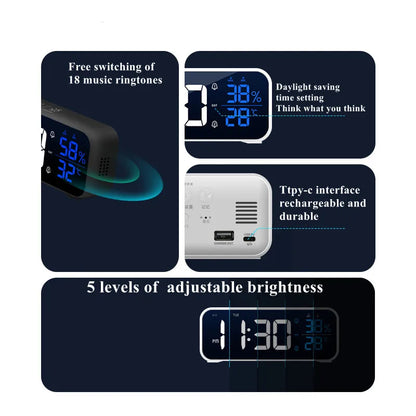 Music Alarm Clock with Temperature Humidity Display: Voice Control/Always On Table & Wall Clock - Dual Alarm, Rechargeable Digital LED Clocks