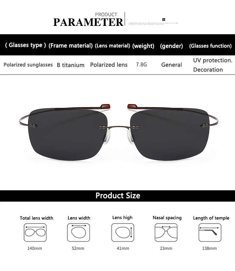 2025 New Cool 100% Pure Titanium Rimless Sunglasses – Polarized Grey Lenses, Super Thin, UV400 Protection, Oculos De Sol